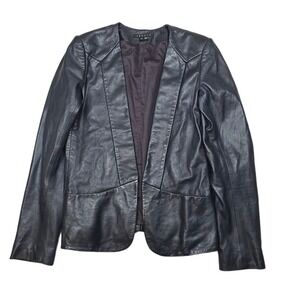 Theory‎ Lamb Leather Blazer Womens 00 XXS Navy Blue Open Front Soft